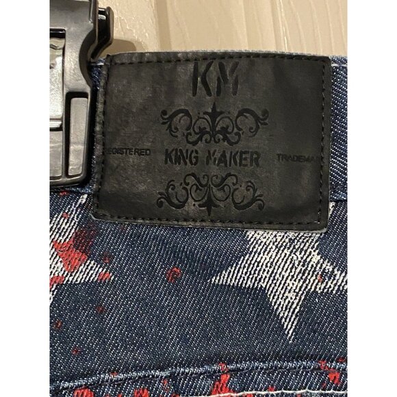 King Maker Custom Men's Jean Shorts 36x13 Straight Fit Dark Wash White Stars Red - Picture 5 of 15